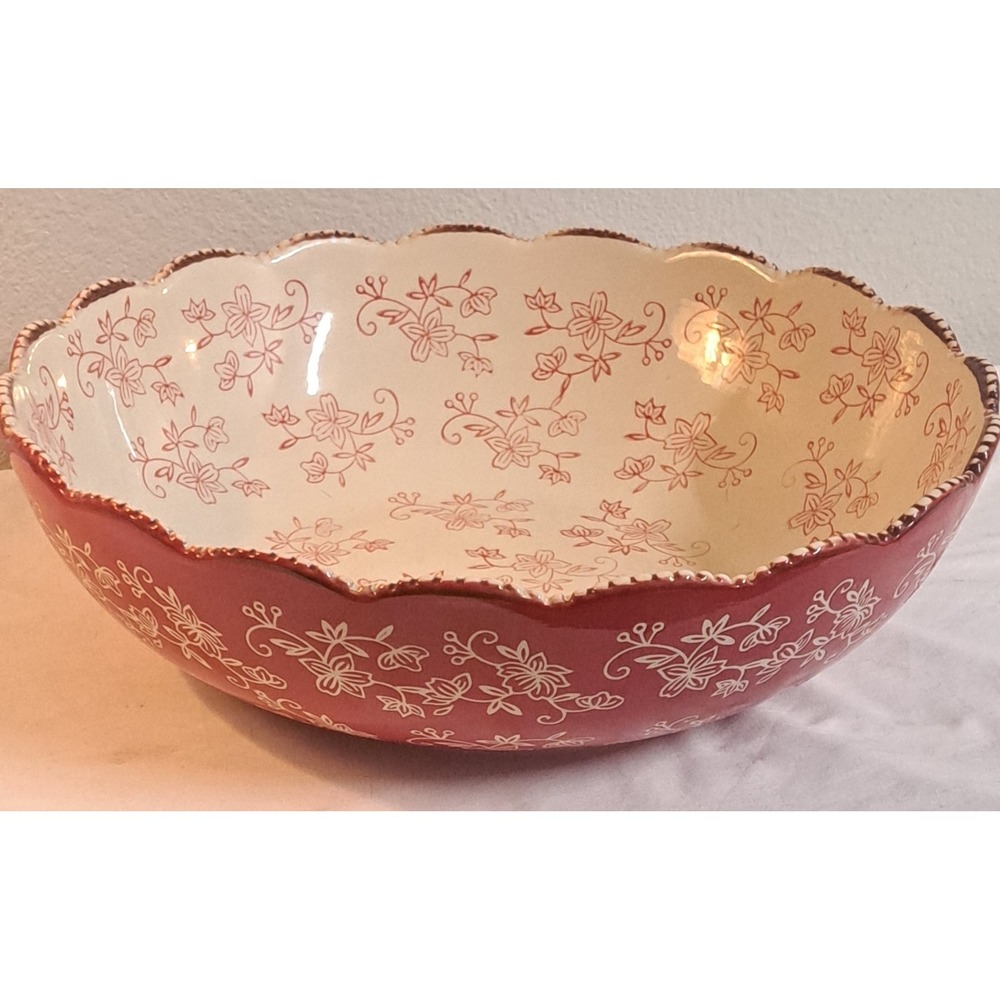Temp-tations by Tara Floral Lace Cranberry Red 13" Serving Bowl 4 Qt Scalloped - Picture 2 of 9